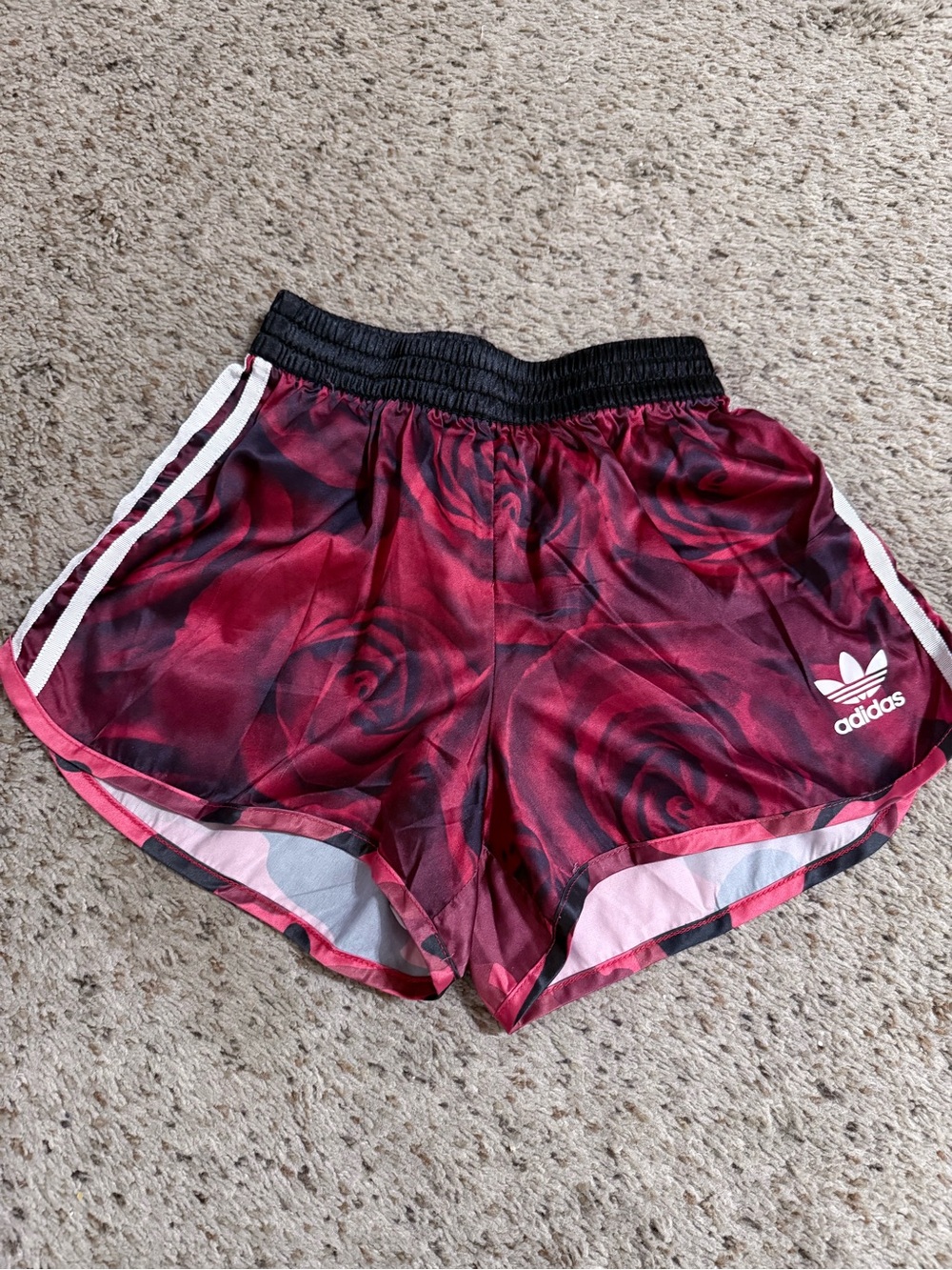 Adidas Originals Red Rose Floral & Camo Print Satin Athletic Shorts
